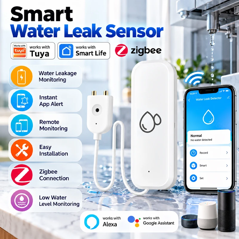 Wireless Zigbee Water Leak Detector Flood Sensor Alarm 24/7 Leakage Monitoring With App Alert For Basement Bathroom Kitchen