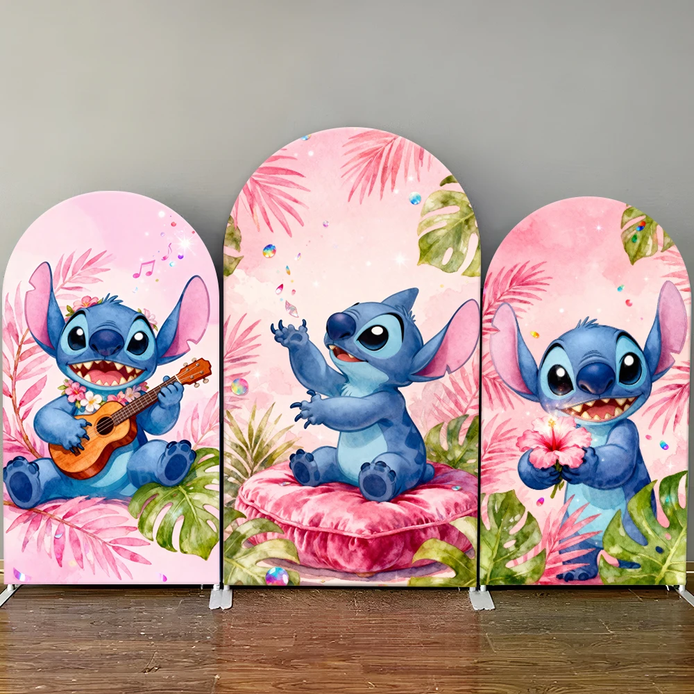 

Stitch Arch Backdrop Cover Disney Pink Girls Birthday Party Decoration BabyShower Watercolor Cartoon Photography Background Wall