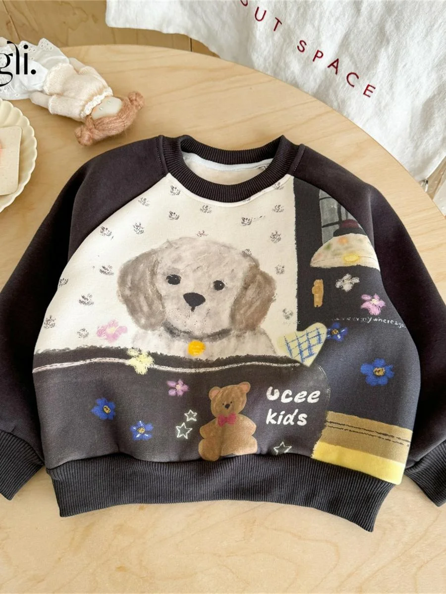 Bluza z kapturem Thiened Fce Jesień Zima Dziecięca Królewska Bluzka Top Ubrania dla Niemowląt Maluchów Dzieci Pulower Bluza dla Dziewczynek