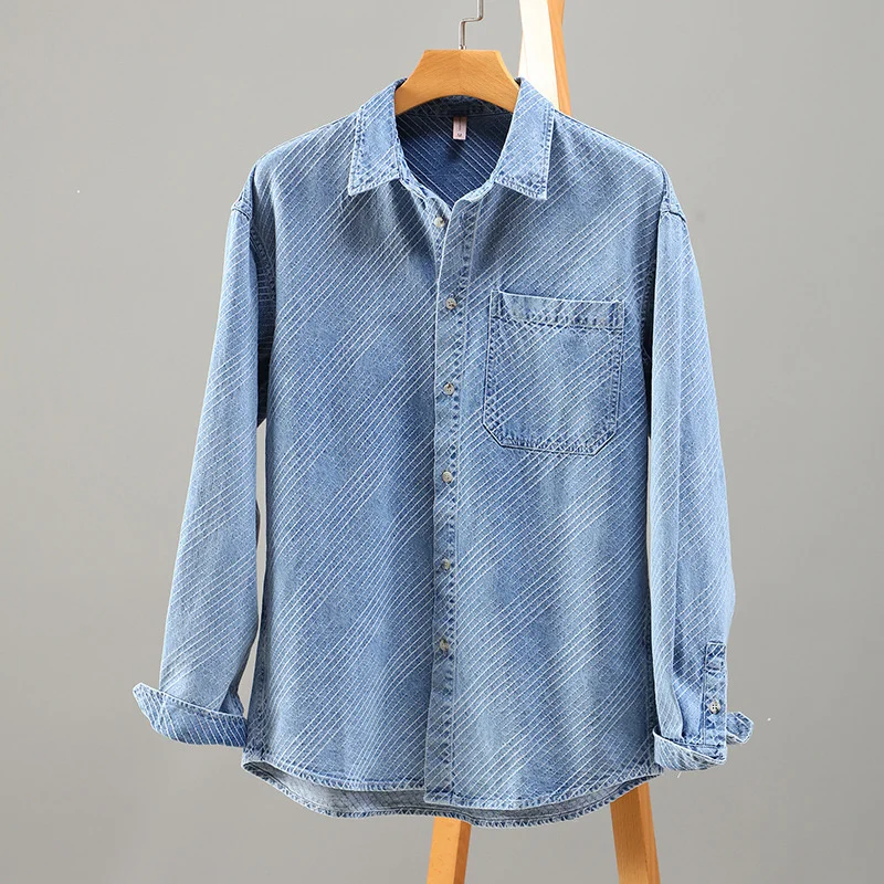 #7638 Light Blue Striped Denim Shirt Men Long Sleeve Cotton 100% Loose Vintage Jeans Shirt Male Turn-down Collar Retro Shirts