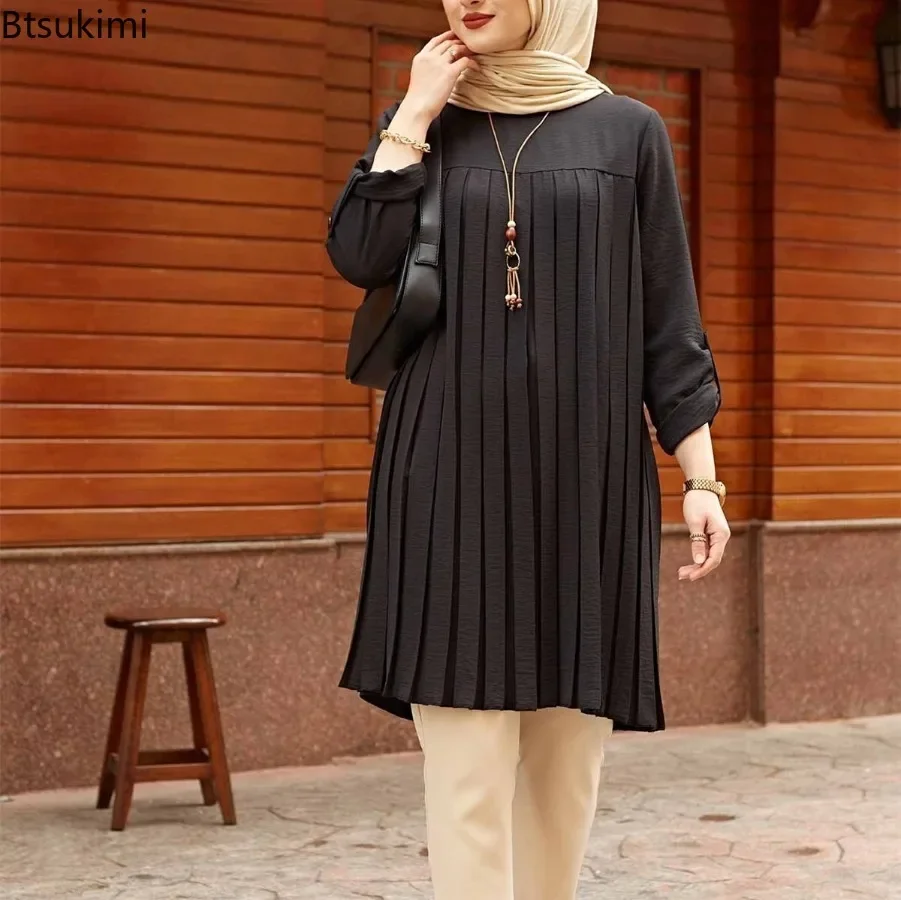 2025 New Muslim Pleated Blouse for Women Fashion Shirt Dress Adjustable Long Sleeve Shirt Tops Many Colors Muslim Fashion Women