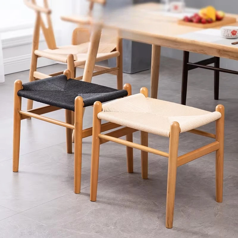 Nordic Style Solid Wood Tea Stool Japanese Rattan Makeup Bench Minimalist Vanity Seat for Bedroom