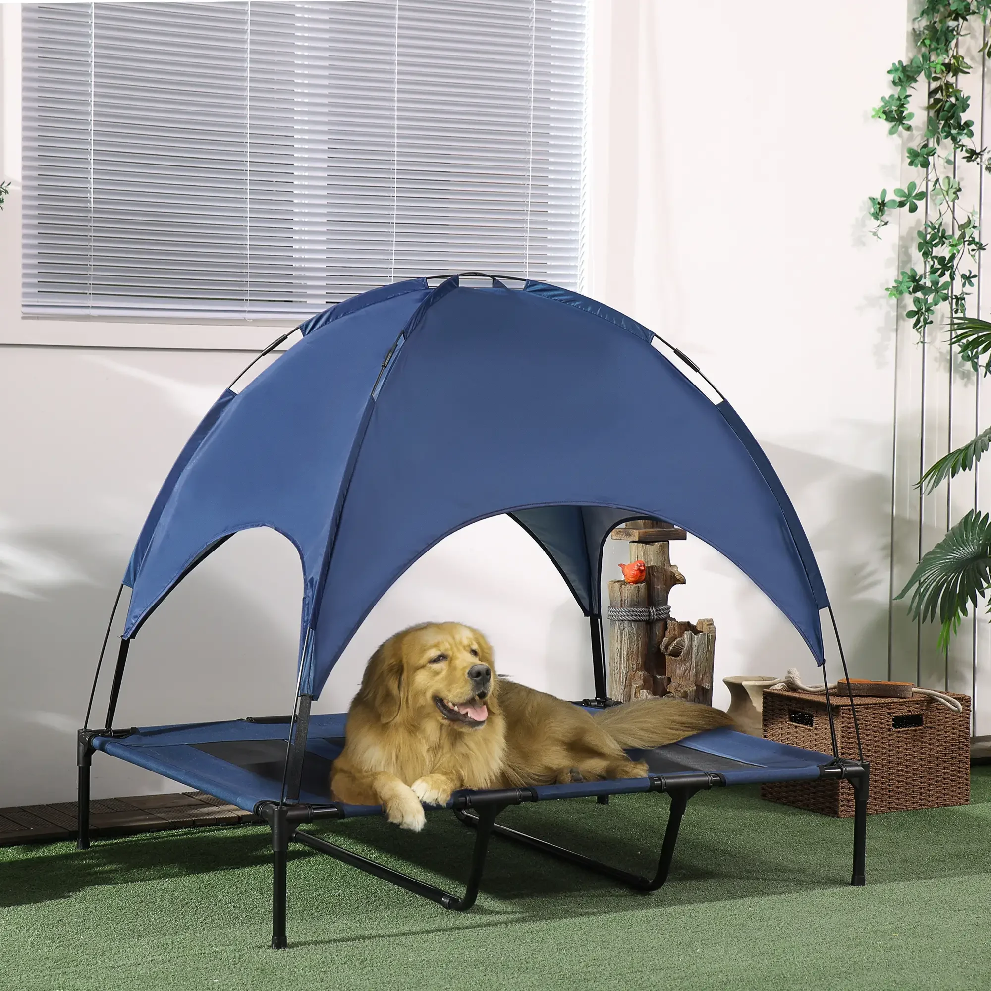 

Elevated Dog Cot Cooling Pet Bed with Canopy - Lightweight Steel Frame, Portable Foldable Pet Bed with Travel Bag