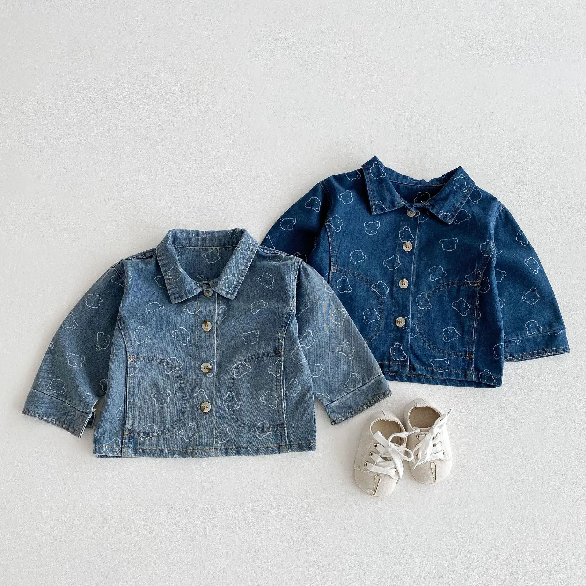 

2025 Spring New Children Long Sleeve Denim Coat Girls Cartoon Bear Cardigan Fashion Boys Loose Casual Lapel Jacket Kids Clothes