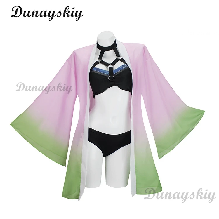 Anime Kanroji Mitsuri Cosplay Swimsuit Cardigan Swimsuit Set Summer Bikini Beach Cosplay Costume Wig Sock Gift