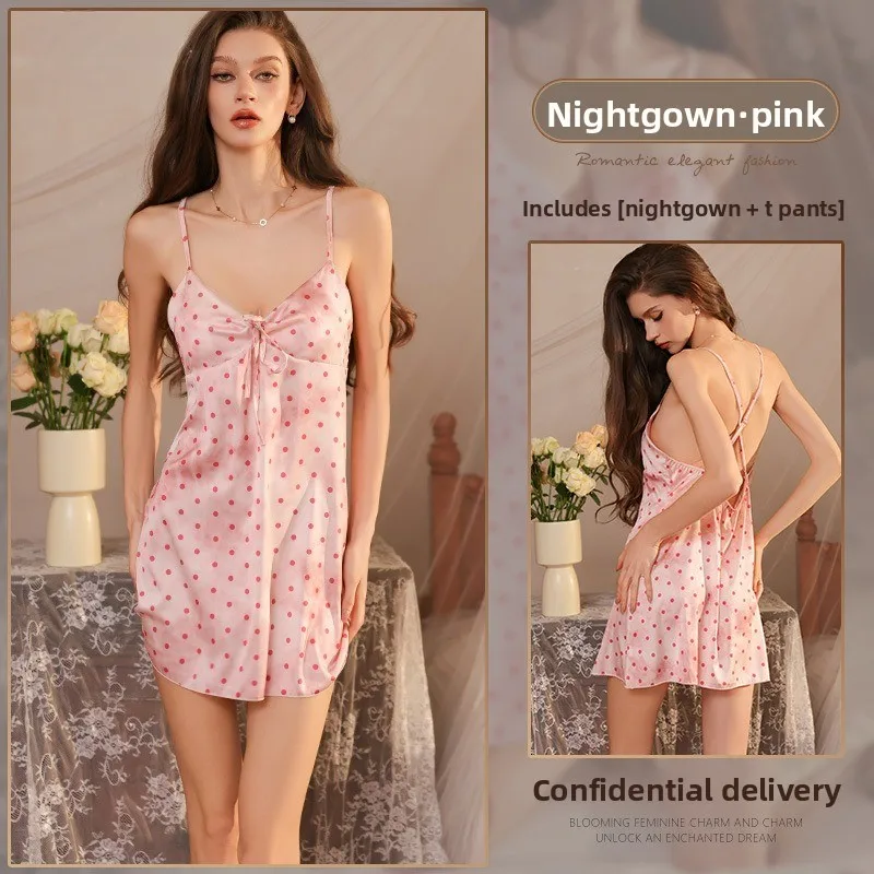 Women Pure Seductive Sexy Leopard Print Low Cut Bow Sling Nightgown Deep V with Bra Pads Home Sleepwear Pajamas T Panties 2pcs