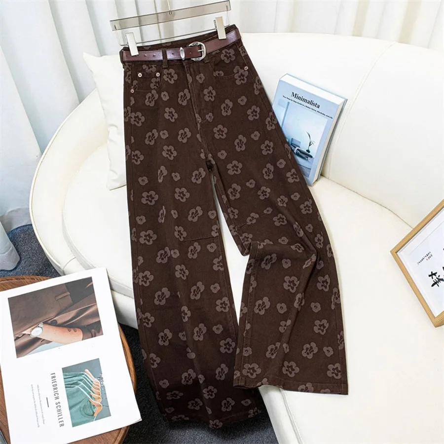 القهوة المطبوعة واسعة الساق الجينز المرأة الجديدة ربيع الخريف عالية الخصر السراويل مستقيم الساق السراويل السيدات فضفاض كاوبوي بنطلون السيدات
