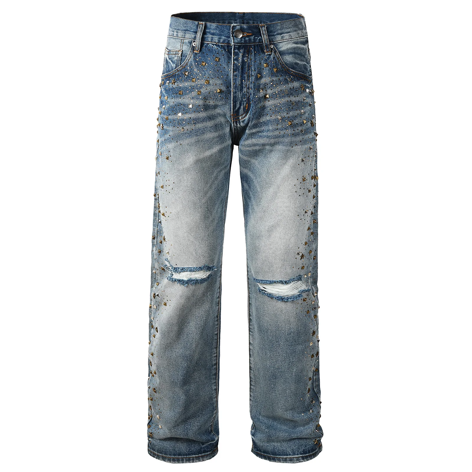 

Men Rivet Crystal Denim Jeans Streetwear Holes Ripped Baggy Pants Rhinestone Loose Straight Blue Trousers High Quality