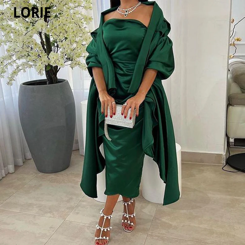 

LORIE Green Mermaid Evening Dresses 2022 Tea Length Party Gowns With Long Cape Satin Prom Gowns Celebrity Dress Robes De Soirée