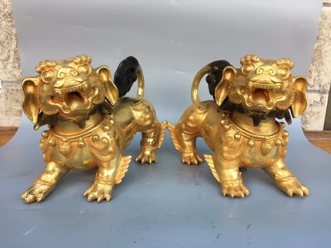 

11"Tibetan Temple Collection Old Bronze Gilded Cinnabar Guardian Lion Statue A Pair Lion Dog statue Town House Exorcism