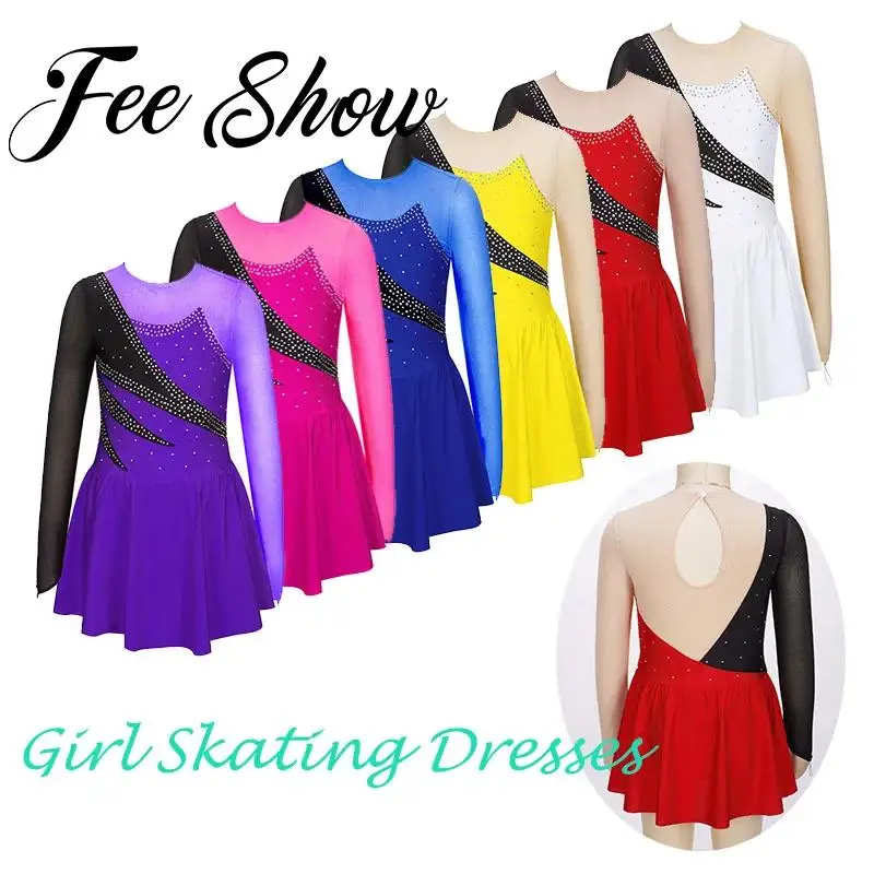 

New Kids Girl Long Sleeve Gymnastics Leotard Dress Shiny Rhinestone Hollow Back Skating Dance Performance Party Dress Dancewear