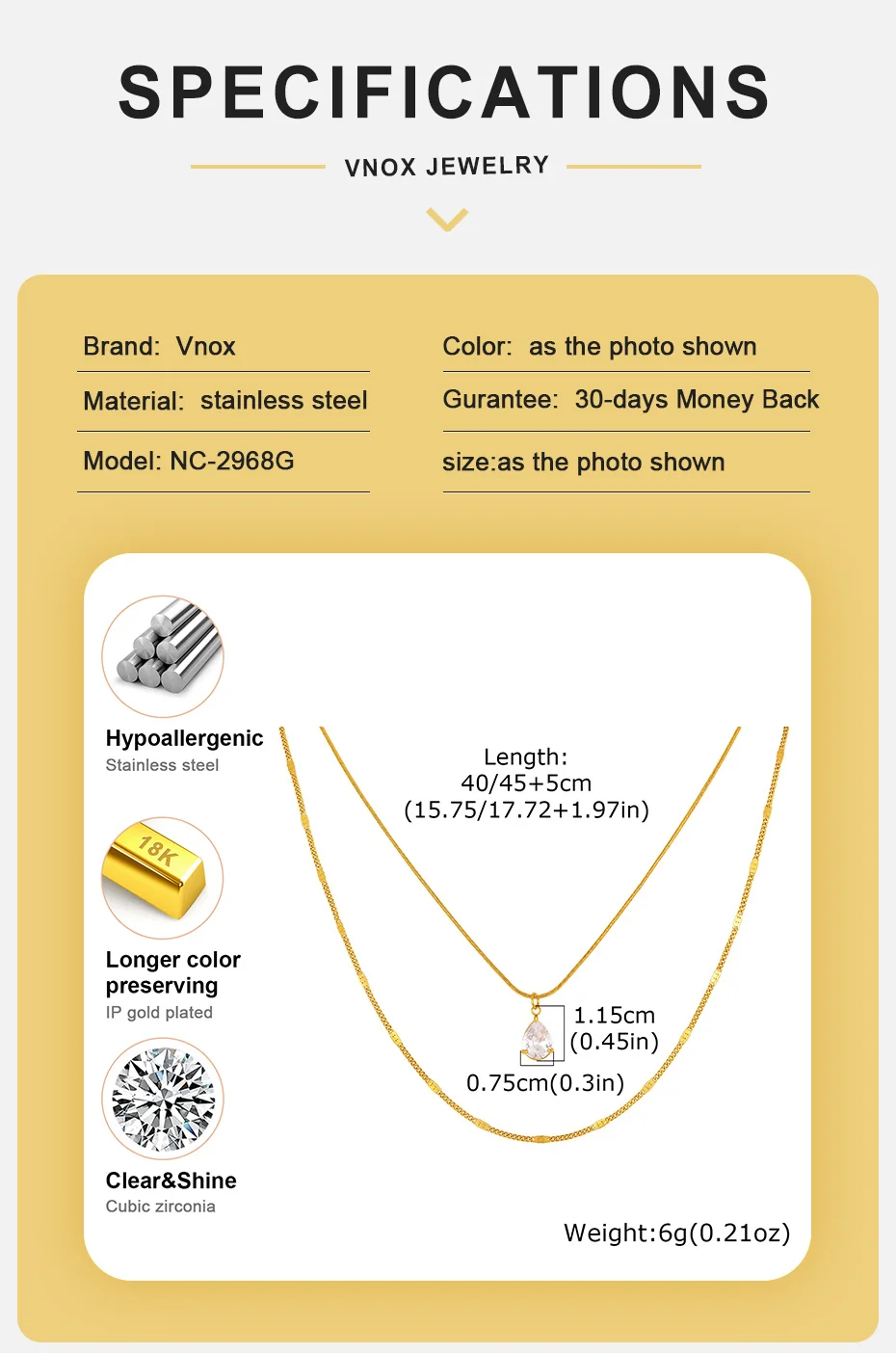Vnox Trendige Doppelschichtige Halskette für Damen, 18K Vergoldet, Tropfenförmiger Zirkon, Runde Schlangenkette, Choker-Halskette, Y2K-Schmuck – Detail 4