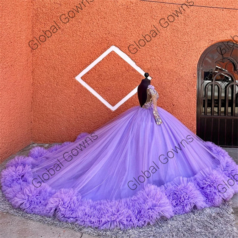 Roxo querida quinceanera vestidos de baile frisado flores 3d doce 15 vestidos de xv años apliques babados aniversário