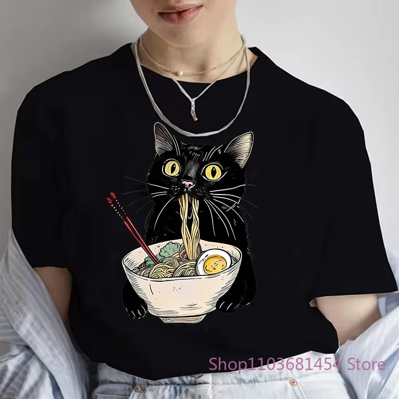 Female Noodle Ramen Cat T Shirt Foodie Lover T Shirts Black Cat T-Shirts Retro Casual Short Sleeve Tshirt Women Clothes