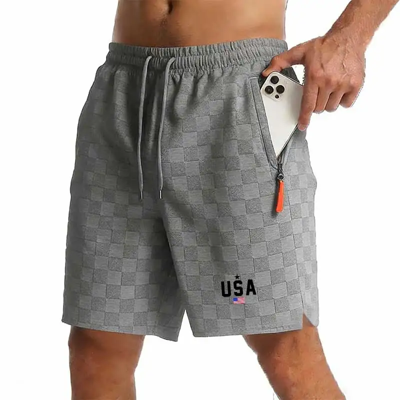 

Men's Shorts Summer Zipper pocket USA Letter Graphic Print Running Shorts Beach Bottoms Gym Fitness Tracksuit Jogging Short Men