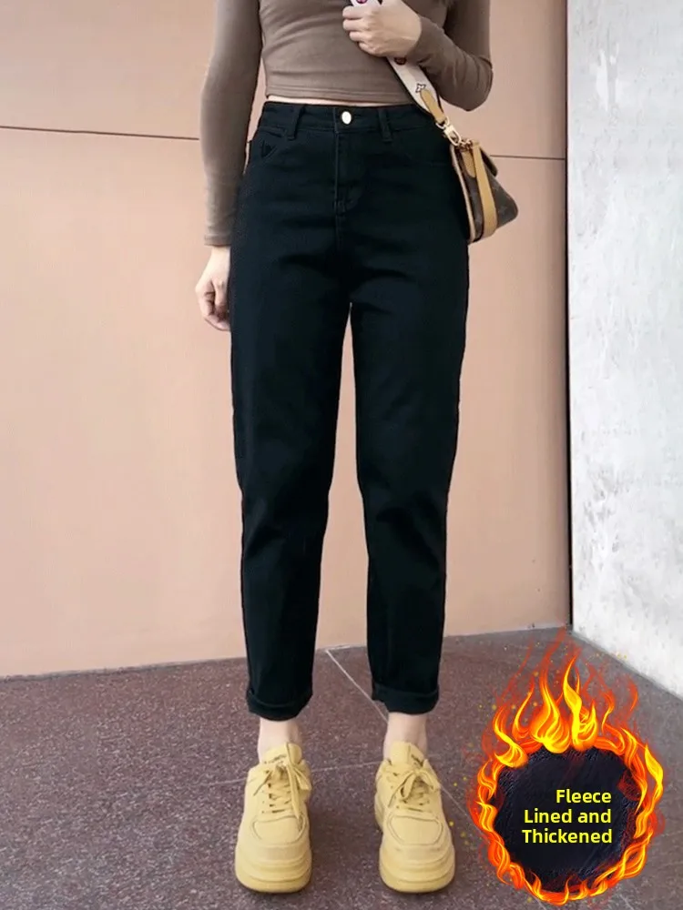 

Женские прямые джинсы на подкладке Fce с высокой талией, утягивающие брюки до щиколотки, хлопковые эластичные джинсовые зимние брюки