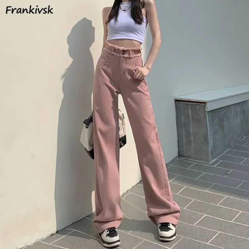 

Frayed Jeans Women Colorful Straight High Waist Full Length Spring Leisure All-match Streetwear Korean Style Elegant Harajuku