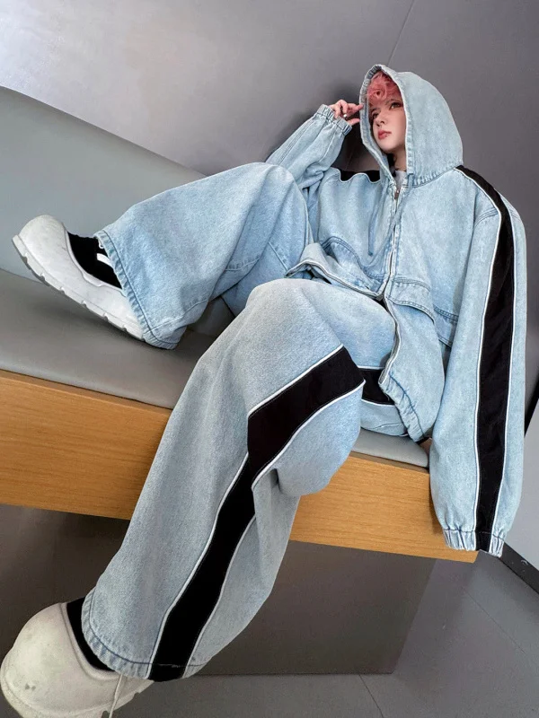 

Мужской комплект TANGZ Studio: модный кардиган с капюшоном, джинсовая куртка, свободные широкие брюки — повседневная одежда для весеннего сезона