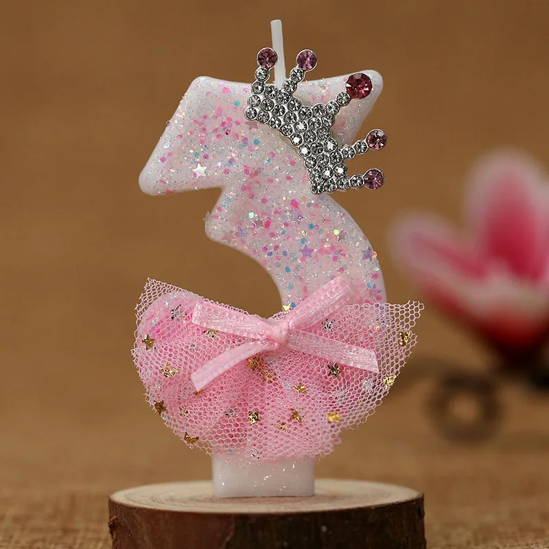 Cake Numeral Candles ，Birthday Candle pink Colour Creative Candle Princess Crown Girl Happy Birthday Party Decoration