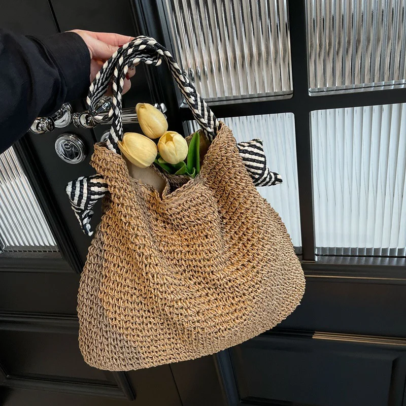 Borsa da spiaggia in paglia intrecciata di paglia moda tracolla con nodo di grande capacità borsa a tracolla singola borsa da viaggio