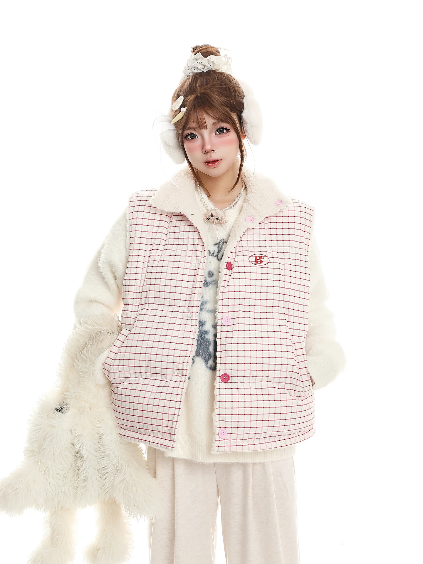 

Sweet Sle Lamb Fur Vest Women's Casual Loose Fit Cotton Jaet Patchwork Lazy Sle Winter New Arrival No Brand Registered