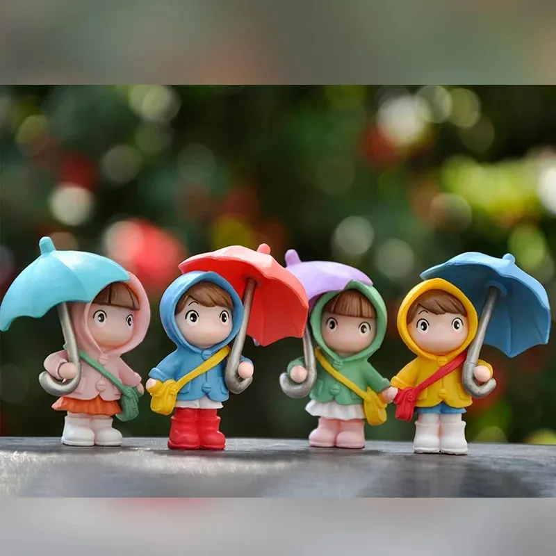 4pcs New Anime Cartoon Characters Umbrella Raincoat Girl Mini PVC Action Figure Doll Decoration Decoration