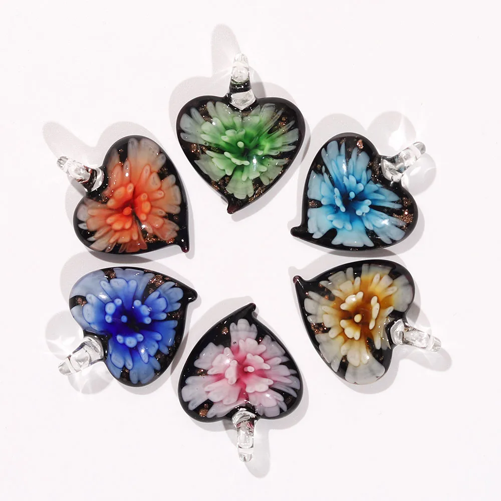 Qianbei Wholesale 6pcs Handmade Murano Lampwork Glass Mix Color Flower Heart Pendant For Necklace Hot Jewelry