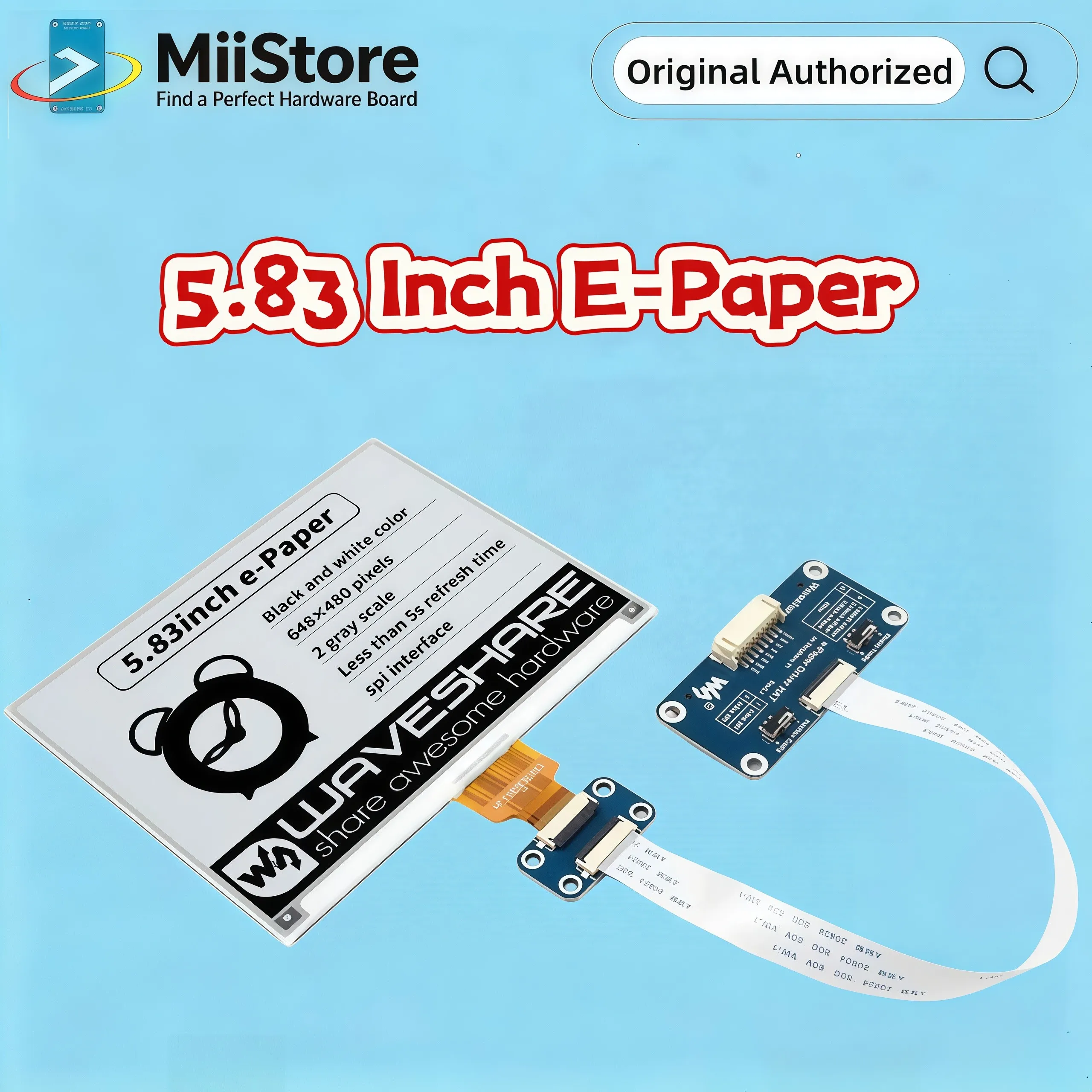 Waveshare 5.83 Inch E-Paper E-Ink Display HAT for Raspberry Pi, 648×480 Pixels, Black / White Dual-Color, SPI Interface