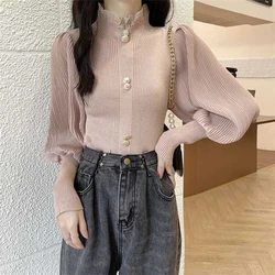 Knitted Solid Color Sweater Shirt Women Spring Autumn Pleated Texture Ruffles Bishop Sleeve Pullover Buttons Versatile Top Inner