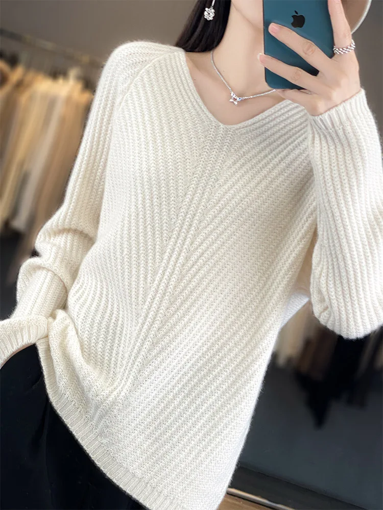 Women's Sweater 100% Wool Long Sleeve Top v-neck Pullover Knitwear Sweaters New Jumpers Cashmere Soft Simple Comfortable Fashion