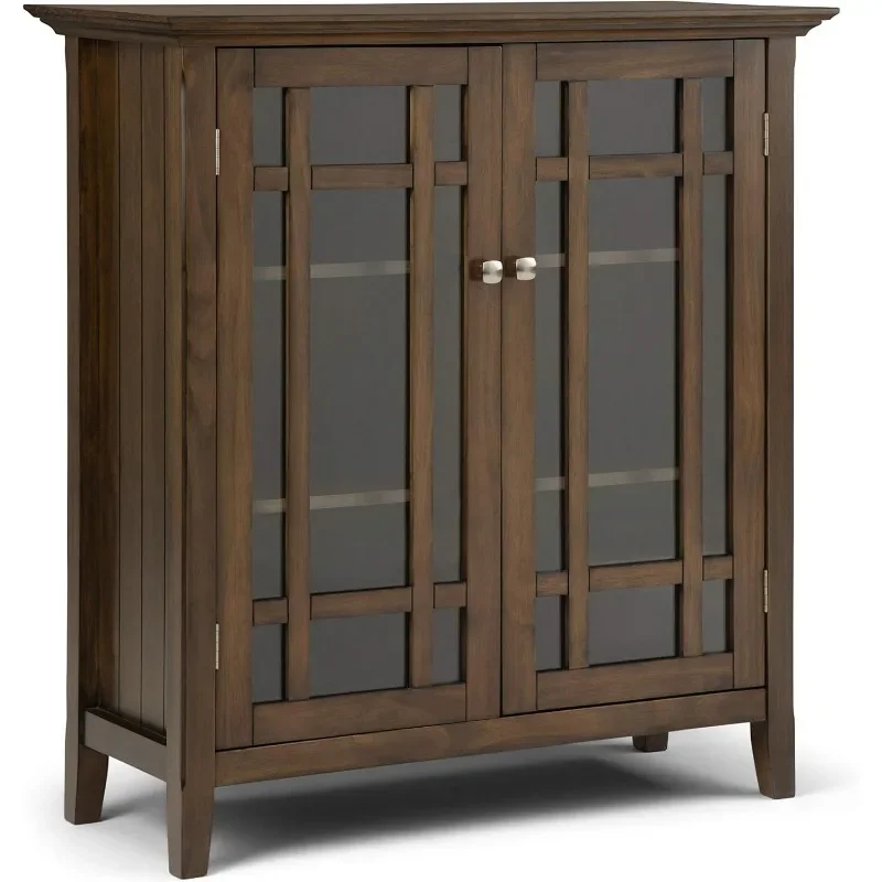 39-inch Wide Transitional Natural Aged Brown Medium Storage Cabinet with 2 Tempered Glass Doors and 4 Adjustable Shelves