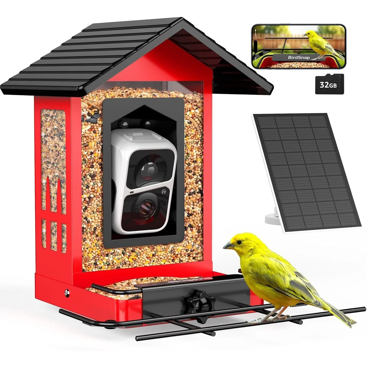 APS - Metal Bird Feeder with Camera Solar Panel 32GB Card, AI Identify 10000+ Birds Camera Feeder, 2K HD Live View Auto