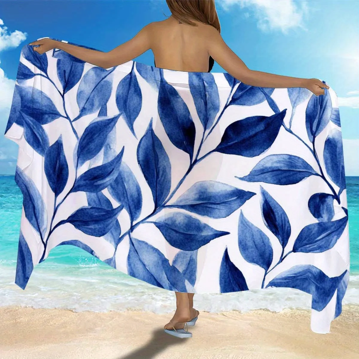 Watercolor Leaf Print Beach Towel Artistic Blue White Swim Wrap Soft Absorbent Bath Mat for Pool Travel Gift