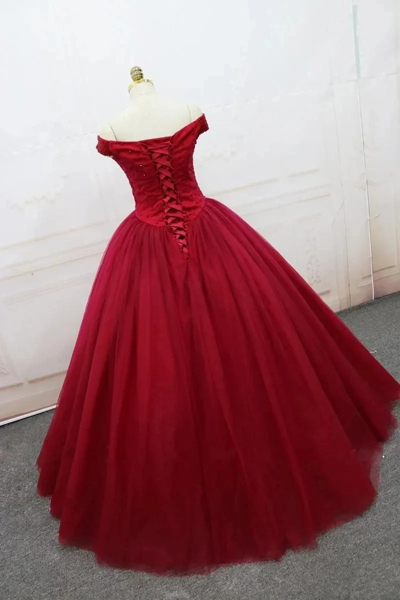 Vestido de fiesta color borgoña, vestidos de quinceañera, 15 vestidos sexis de fiesta con hombros descubiertos y cuentas brillantes de tul, vestidos formales de cumpleaños de Cenicienta