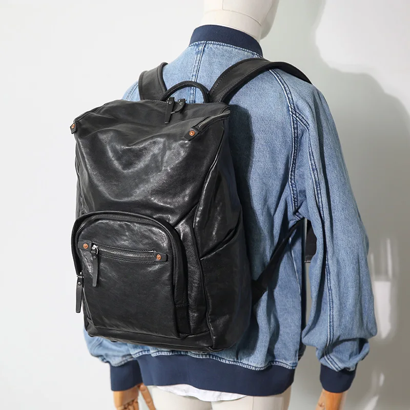 casual designer luxury handmade first layer cowhide men's backpacks outdoor travel genuine leather large black schoolbags