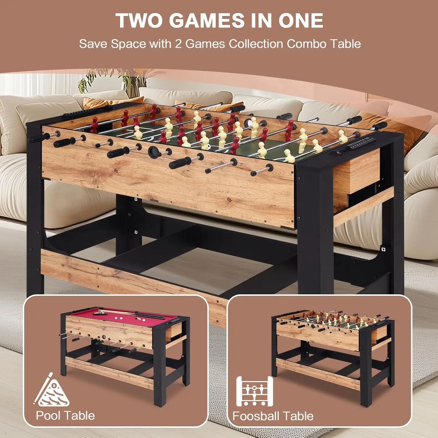 54” 2-in-1 Swivel Multi Game Table - Billiards, Foosball, Combo Game Table Set for Adults Kids, Game Room, Friends & Family w