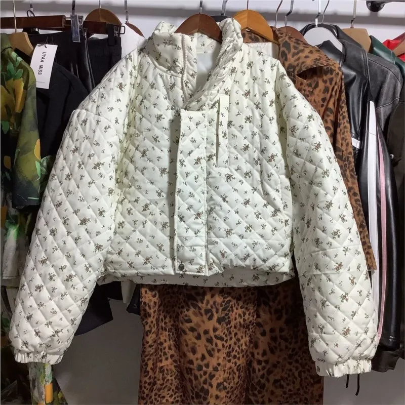 Chiques casacos de inverno com estampa floral feminina, gola alta, zíper, jaquetas de algodão, casual roupas soltas, quente, doce moda, novo, 2024