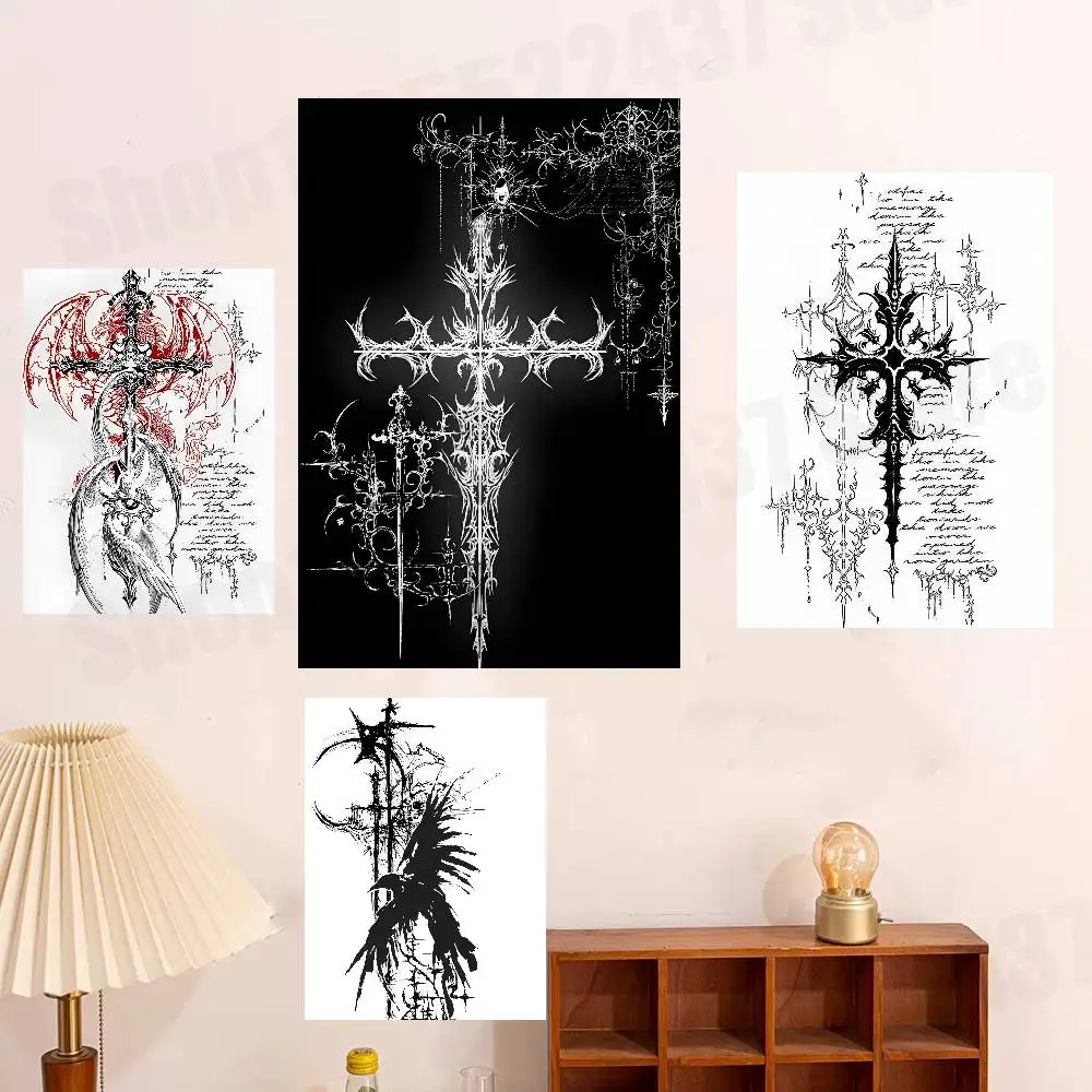 

Cyber Sigilism Cross Art Vintage Retro Poster Sticker Classic Art Painting for Home Bedroom Cafe Office Wall Decor