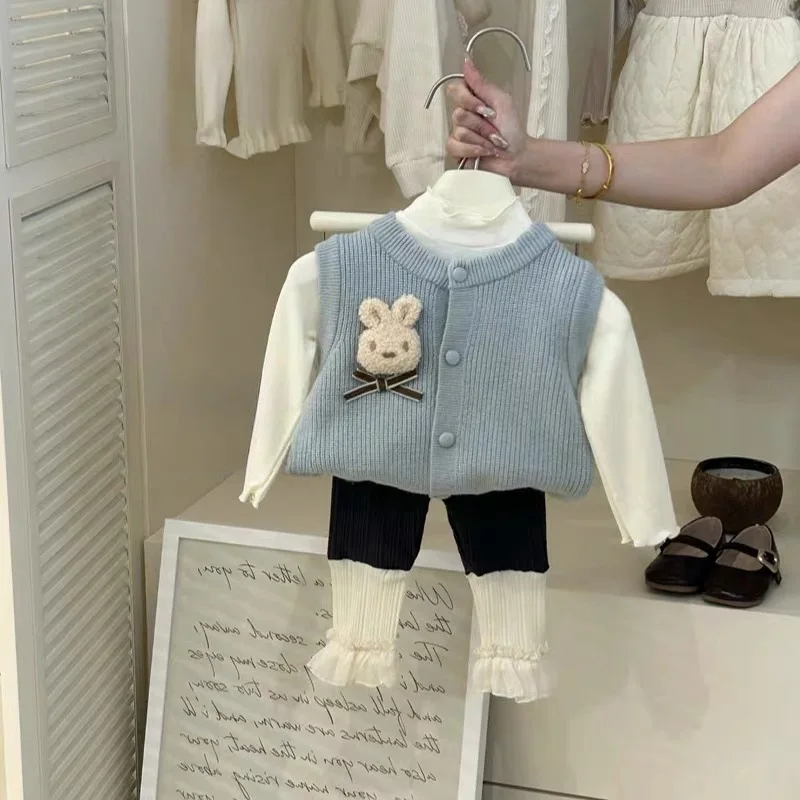 

01-Sweet Children's Clothing Fashion Girls Autumn and Winter Blue Rabbit Vest+Lace Leggings Cute Fashionable Spring Vest