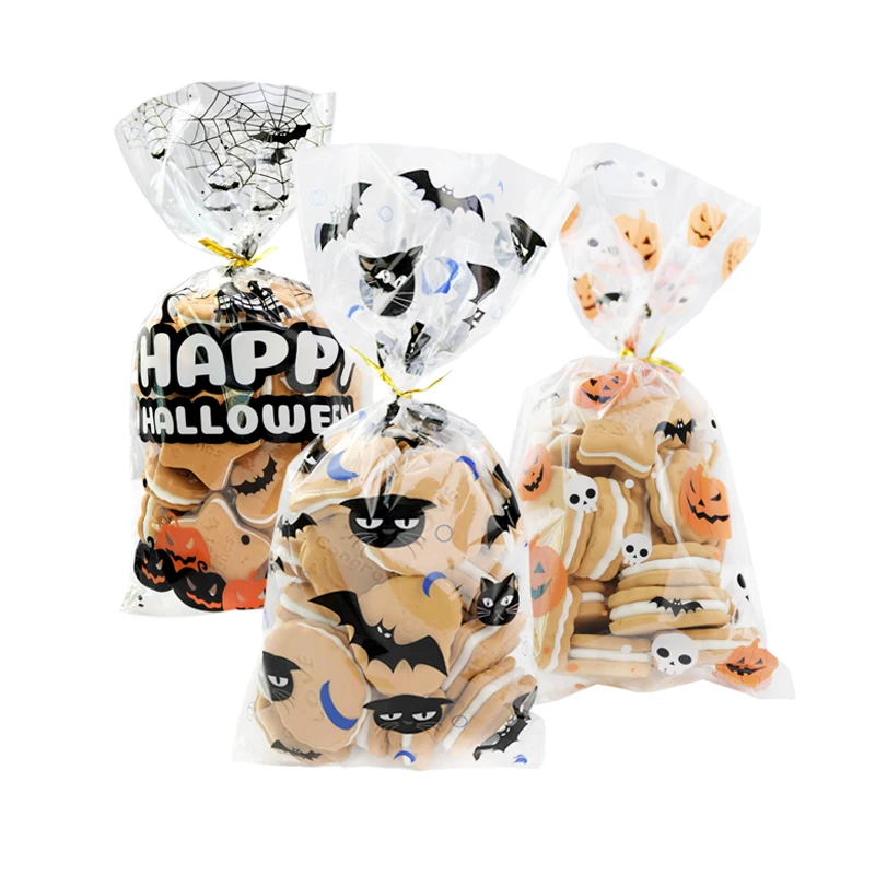 50Pcs Halloween Candy Bag Pumpkin Skull Bat Plastic Bags Transparent Cellophane Cookie Packaging Gift Diy Halloween Party Decor