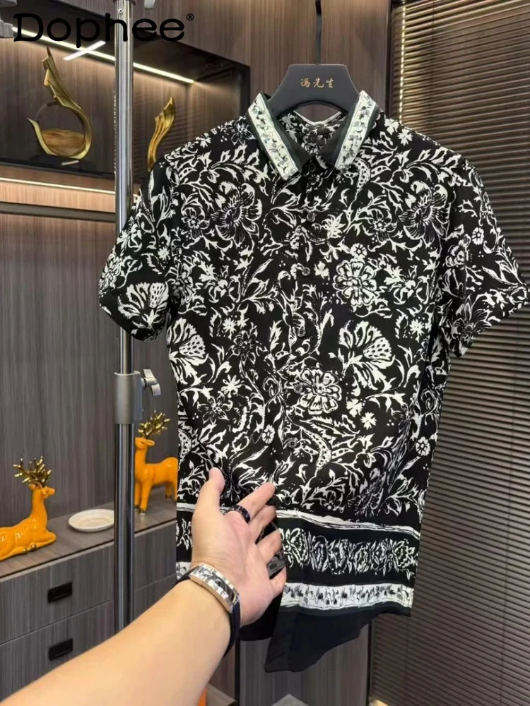 

Summer Cool Fashion Trend Printed Men's Turn-Down Collar Short Sleeve Korean Style Jacquard Versatile Comfortable Shirt