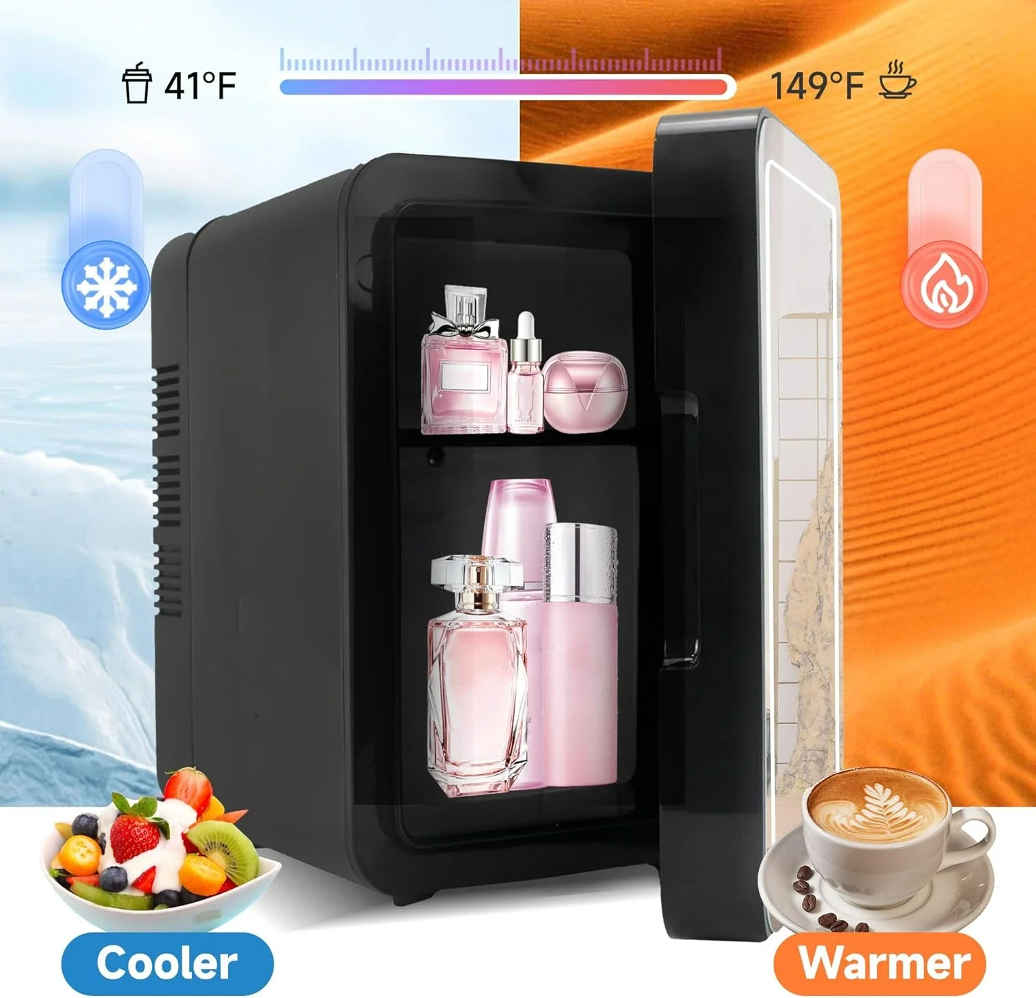 Mini nevera para maquillaje, refrigerador para cuidado de la piel con enfriador o calentador, alimentado por CA/CC, con espejo de luz, refrigerador pequeño para cosméticos, Coche