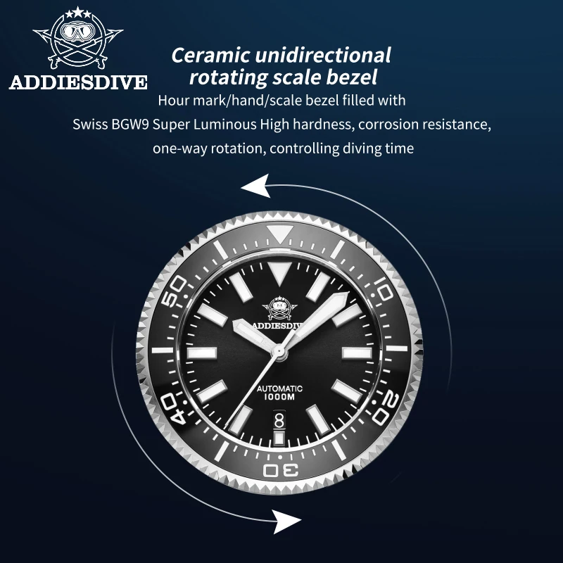 ADDIESDIVE Diving Watch For Men Luxury Classic Stainless Steel Sapphire Luminous 1000m Waterproof Exhaust Valve Mechanical Watch