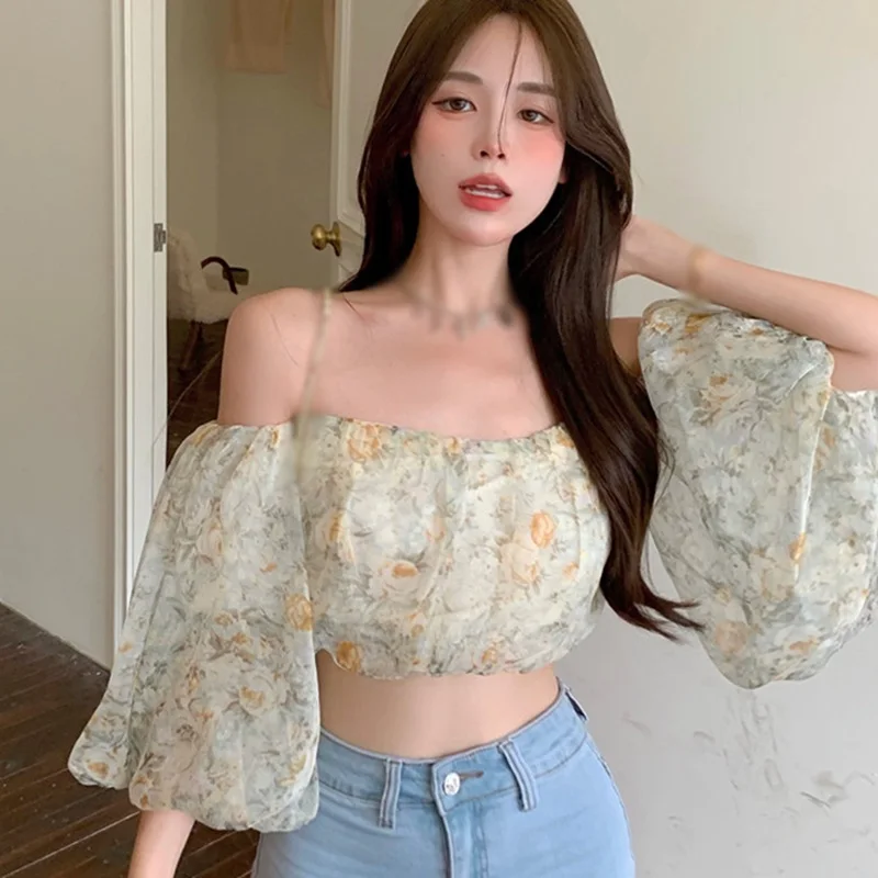 Women Sexy Floral Blouse  French Vintage Designer Sweet Slim Strap Blouse Casual Puff Sleeve Outdoor Blouse