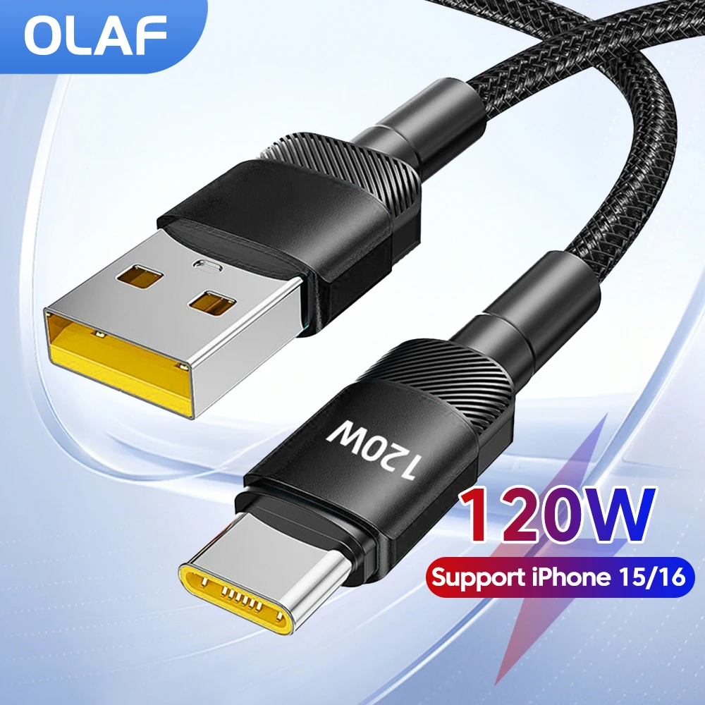 Olaf USB Type C Cable 120W Fast Charging USB C Cable For iPhone16 15 Xiaomi Huawei P30 P40 Sumsung POCO Realme Oneplus Data Wire