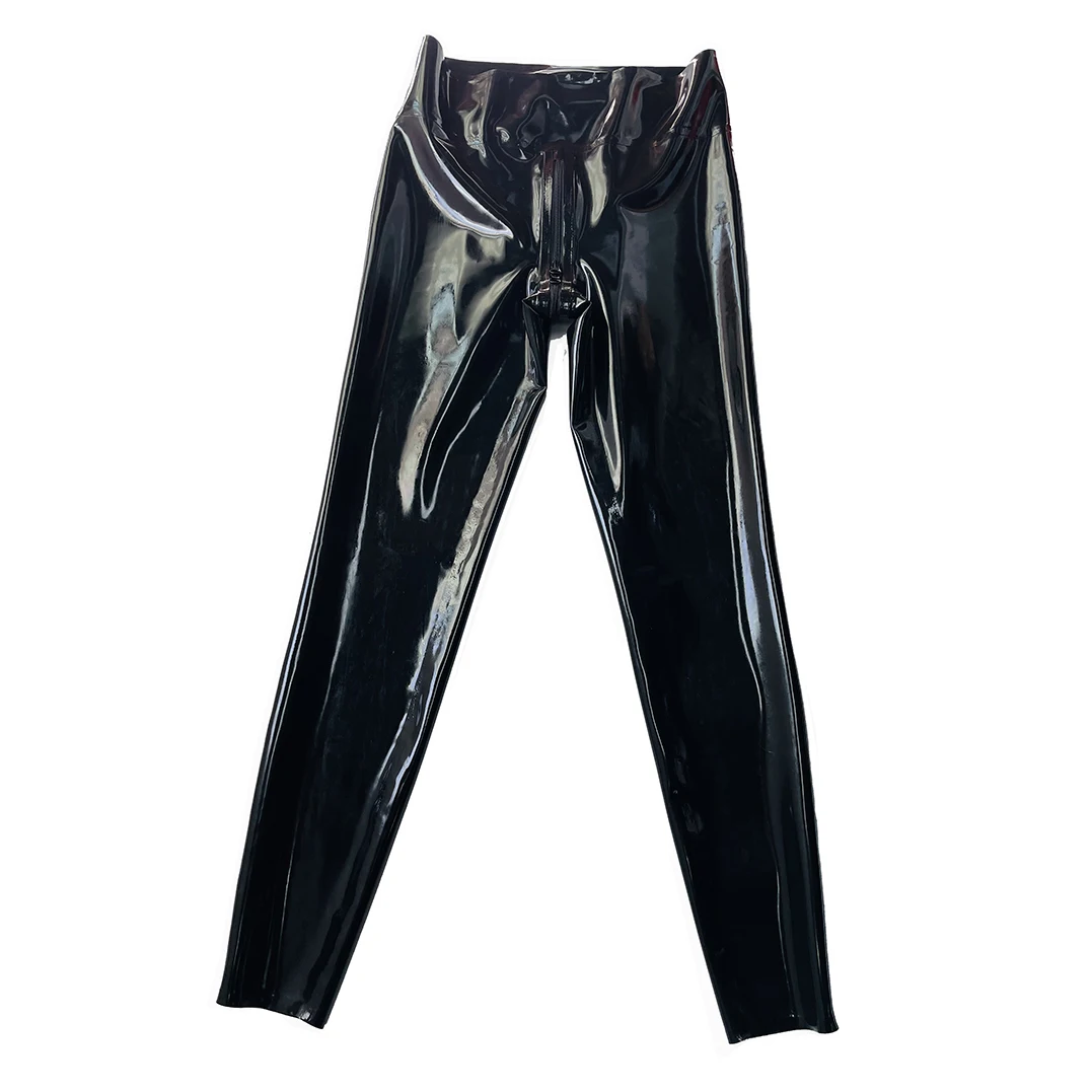 Latex Gummi High Waist  Women Men Pants Dance Rubber Tight Leggings with Crotch Zip Handmade Clothing S-LTW078