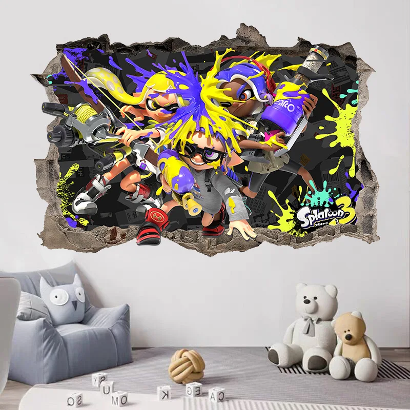 Adesivo de parede removível 3D Splatoon, arte autoadesiva, decalque do quarto, decoração mural