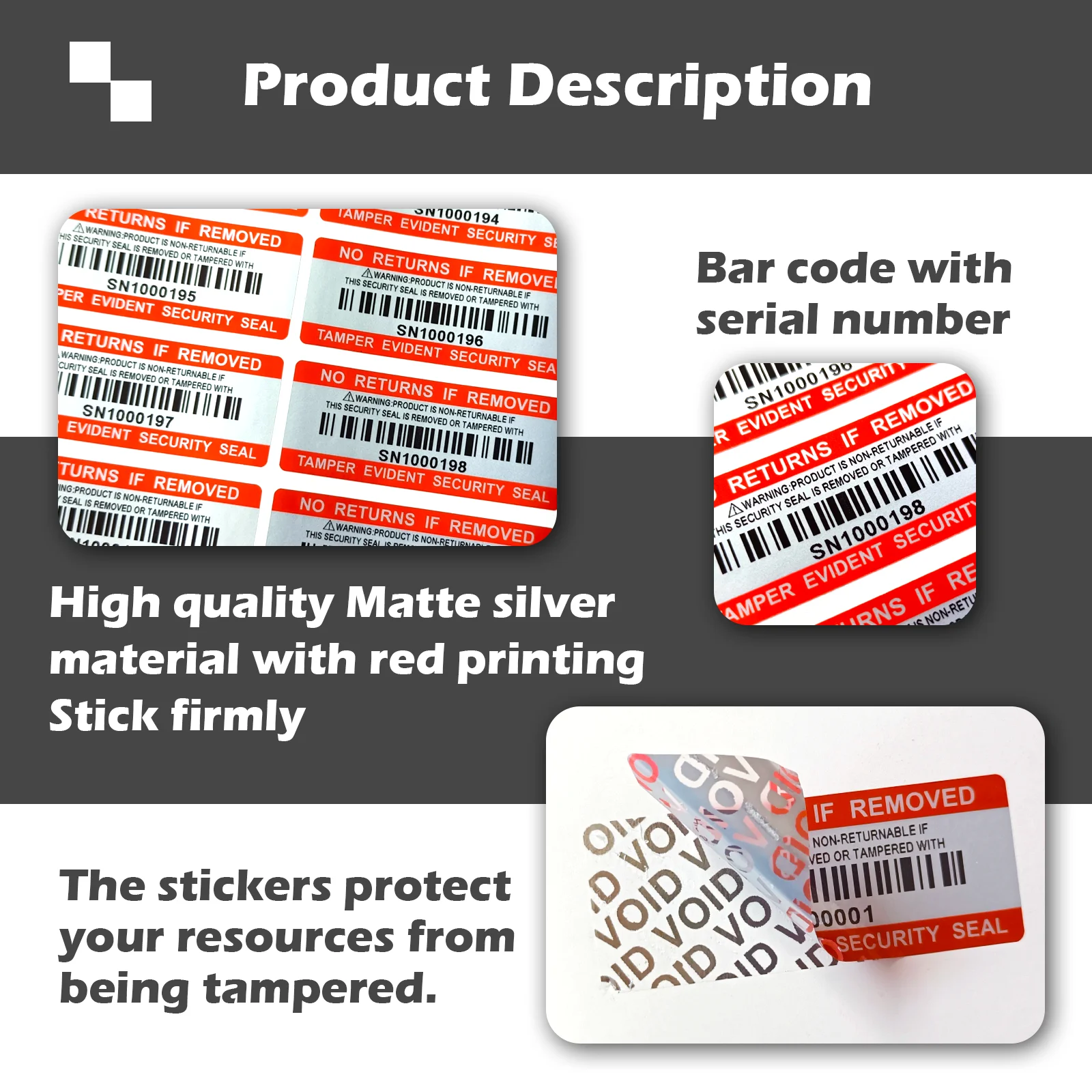 Bar code security labels Dumb silver PET warranty void stickers with serial number waterproof tamper proof seal label（5x2cm)