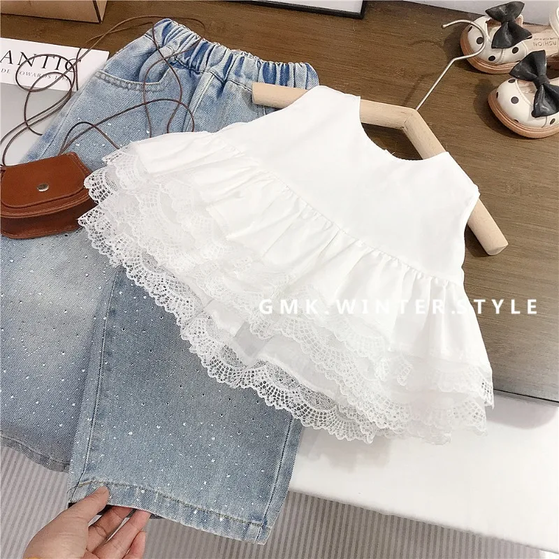 2026 Summer Korean Childrens Clothing Girls Summer Clothes Lace Edged Sleeveless Doll Shirt  Denim Wide Leg Pants Foreign