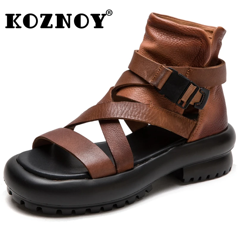 

Koznoy 5cm Genuine Leather Boots Peep Toe Moccasins Buckle Summer Motorcycle Chimney Sandals Hollow Ankle Booties Women Shoes